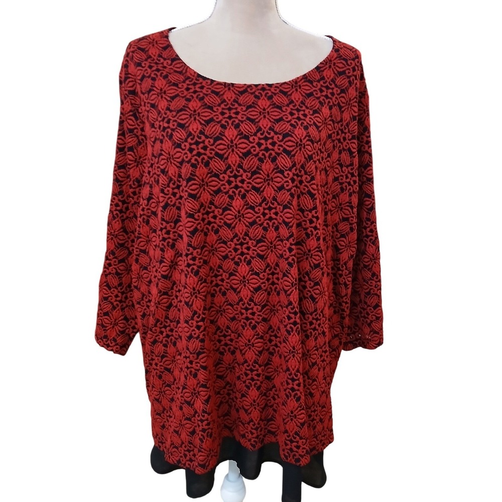 Catherines Red Lace Overlay Tunic Top 3/4 Sleeve Sheer Hem 3x Christmas Holiday